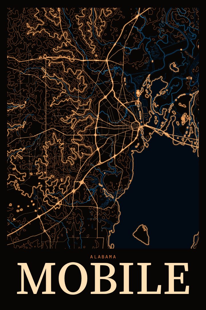 Mobile map poster, Neon Night style