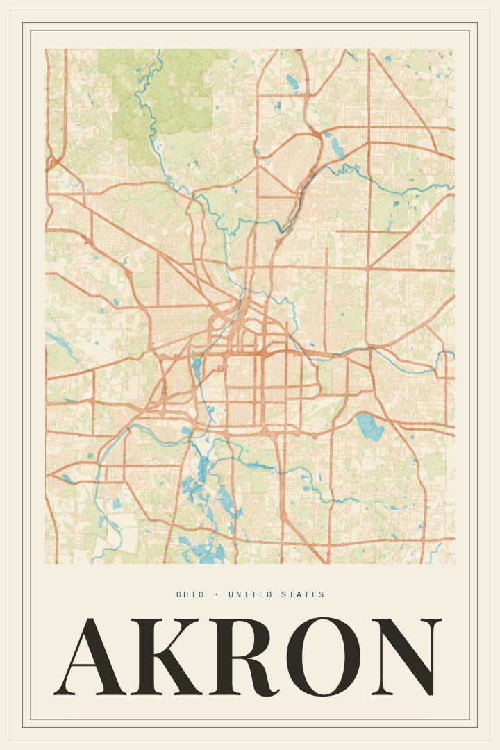Akron map poster, Painted Survey style