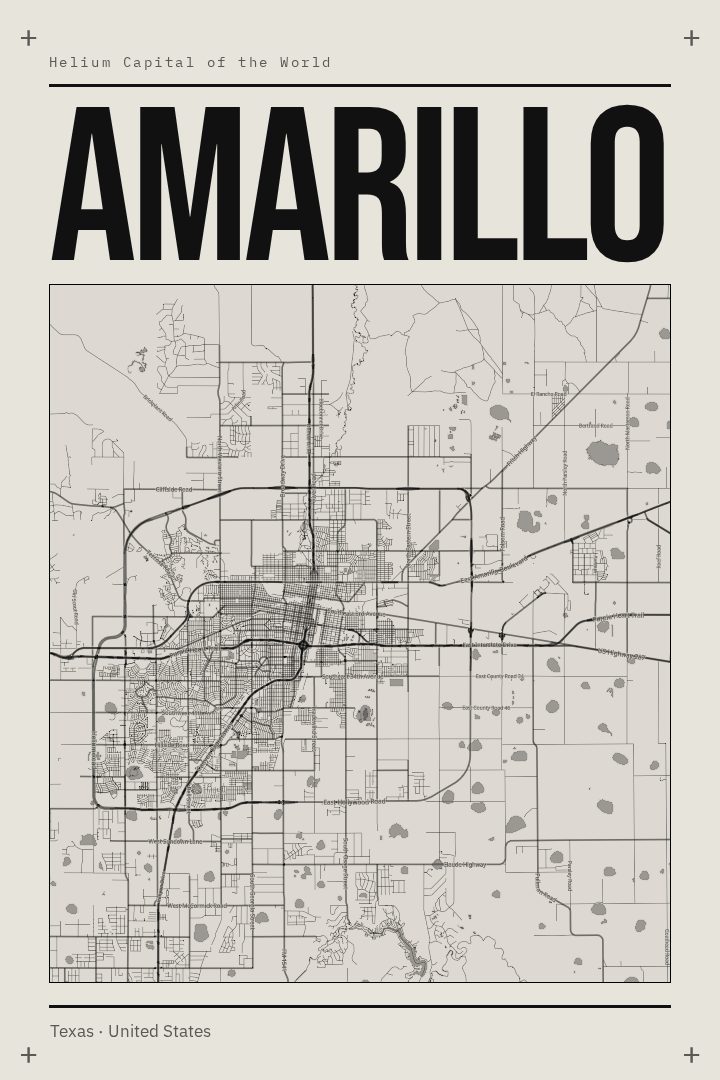 Amarillo map poster, Brutalist style
