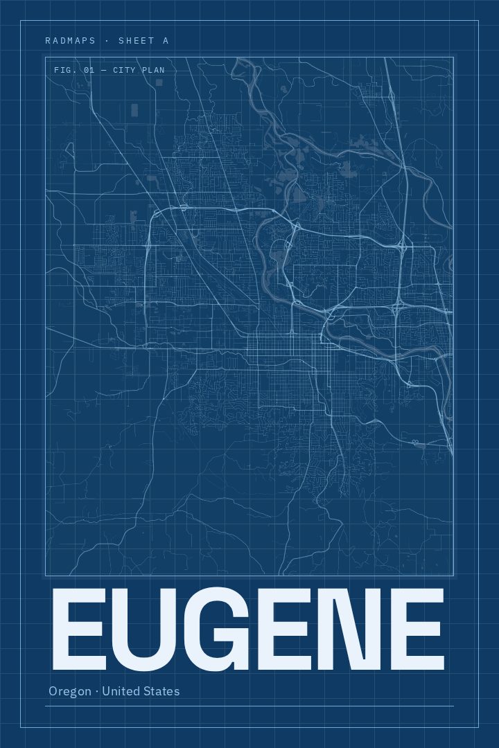 Eugene map poster, Blueprint style