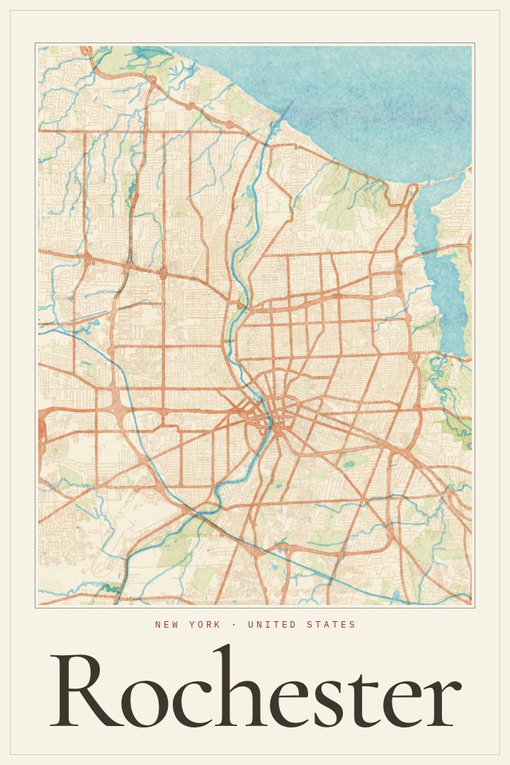 Rochester map poster, Watercolor style