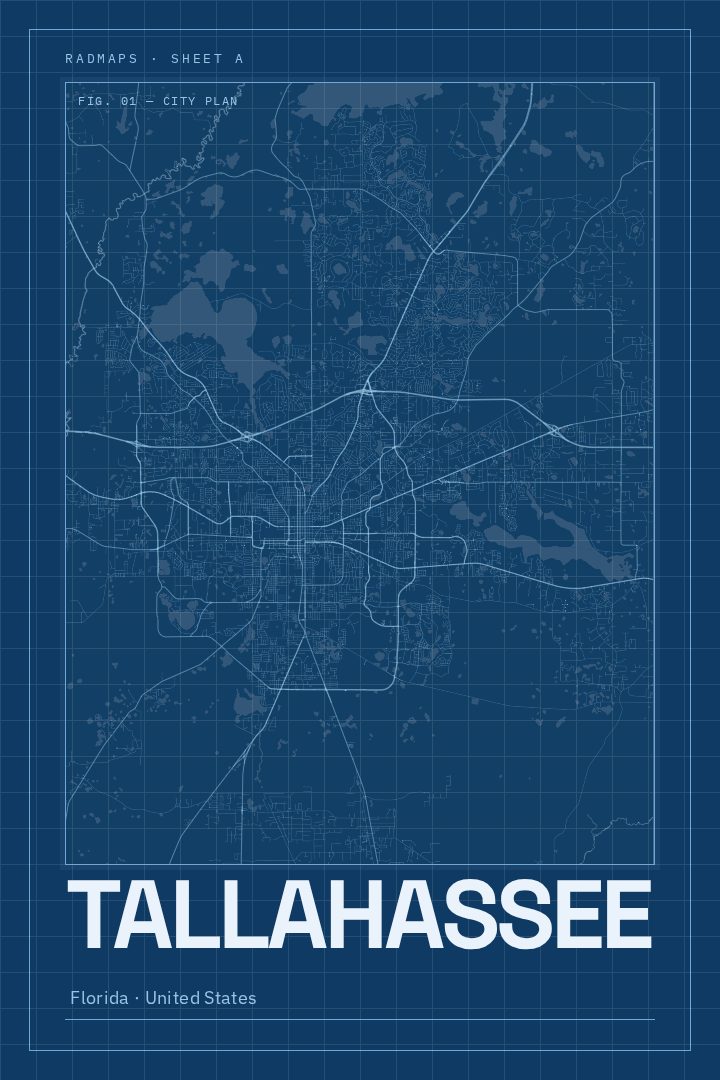 Tallahassee map poster, Blueprint style