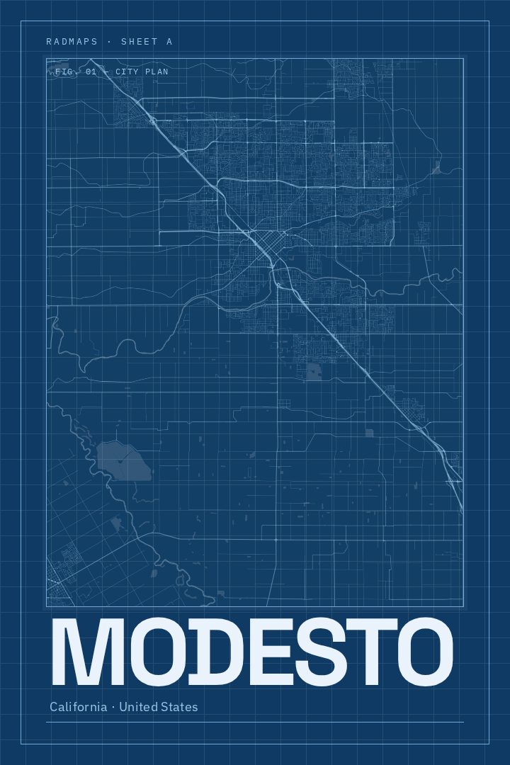 Modesto map poster, Blueprint style
