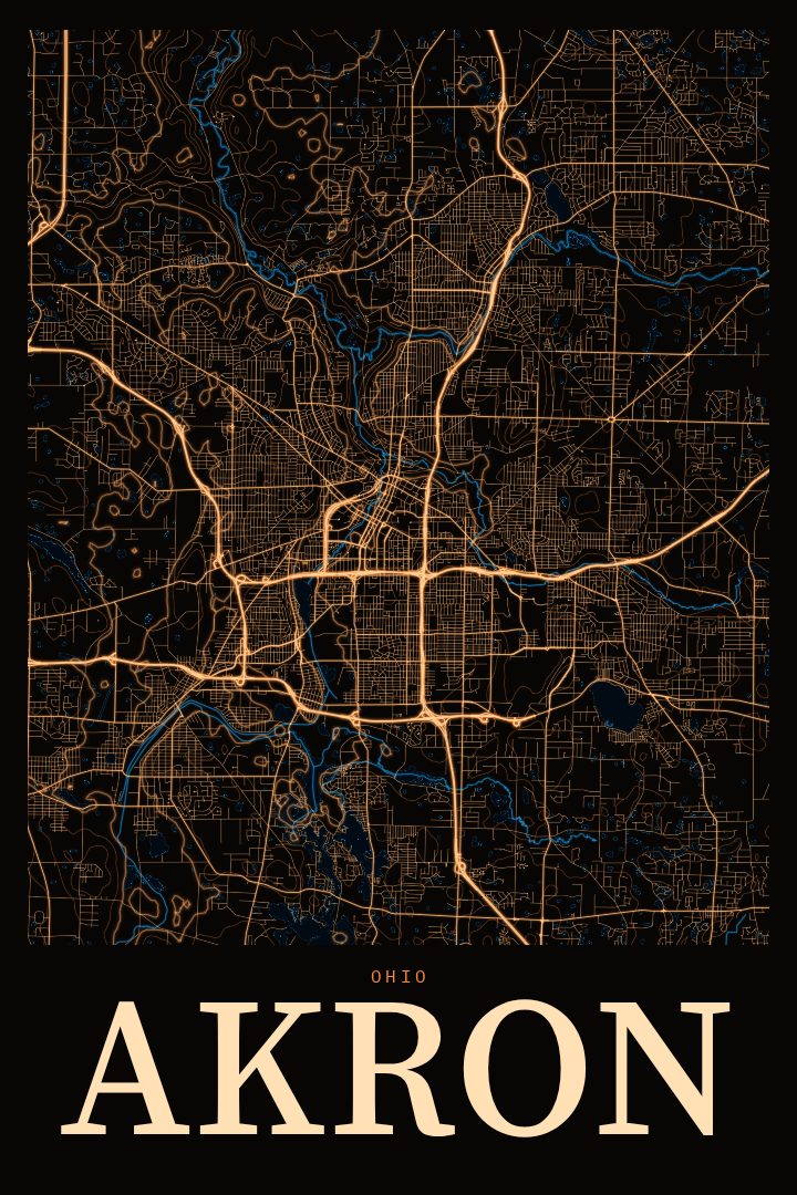 Akron map poster, Neon Night style
