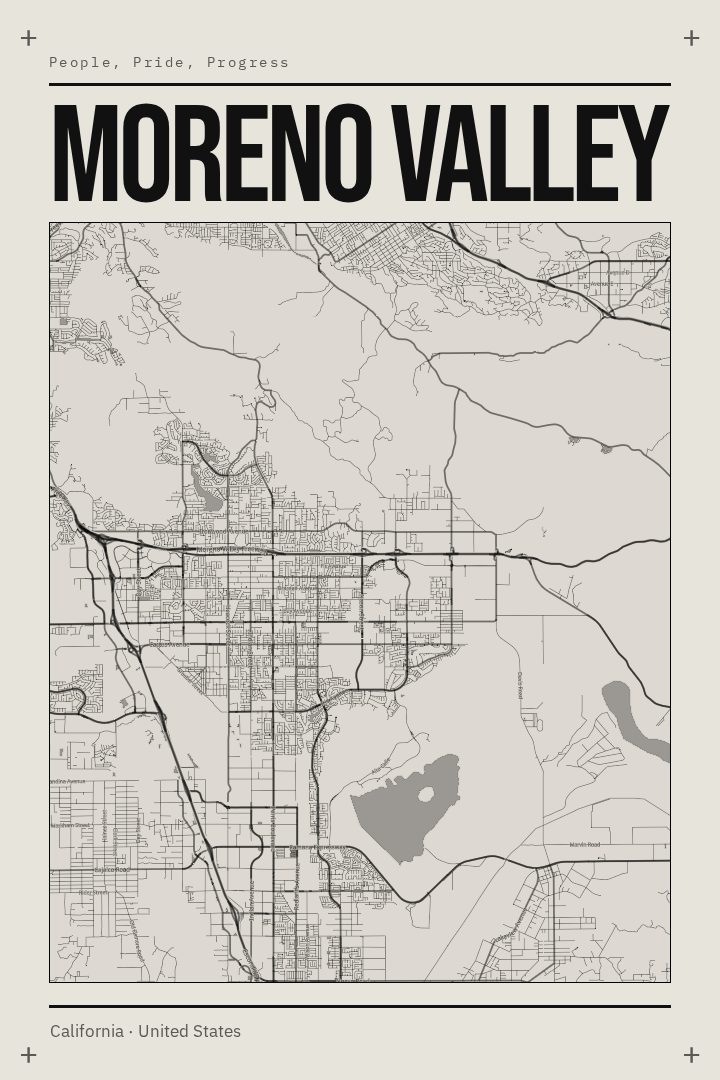 Moreno Valley map poster, Brutalist style