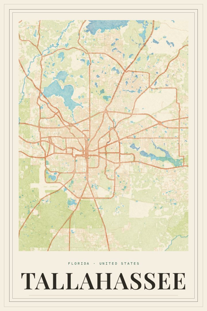 Tallahassee map poster, Painted Survey style