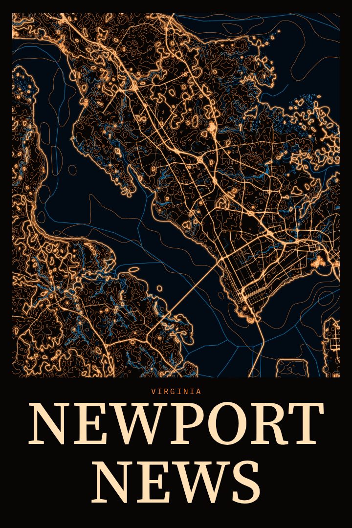 Newport News map poster, Neon Night style