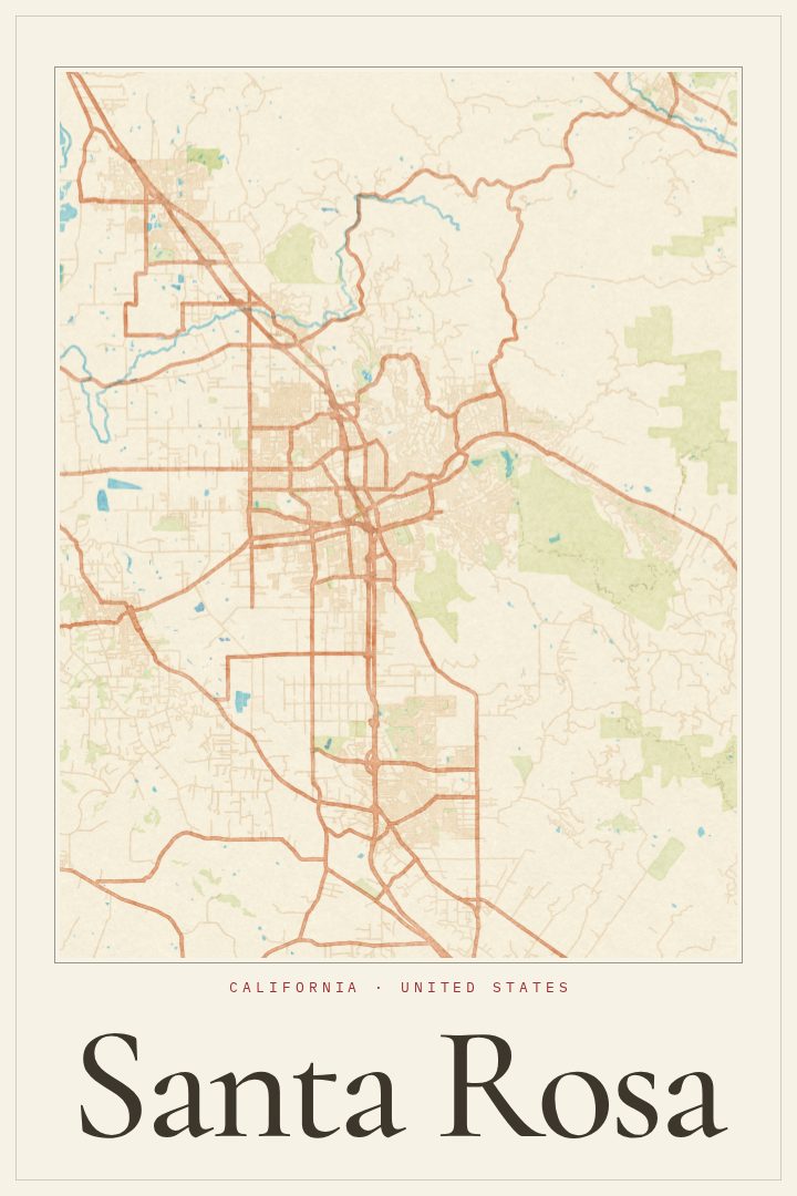 Santa Rosa map poster, Watercolor style