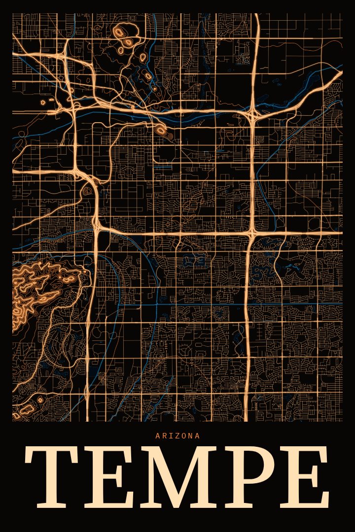 Tempe map poster, Neon Night style