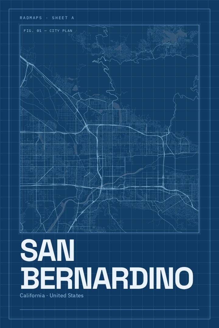 San Bernardino map poster, Blueprint style