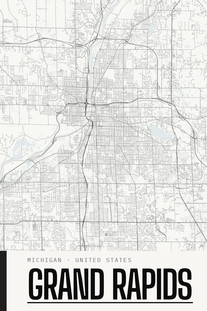 Grand Rapids map poster, Blackline style
