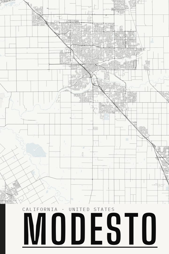 Modesto map poster, Blackline style