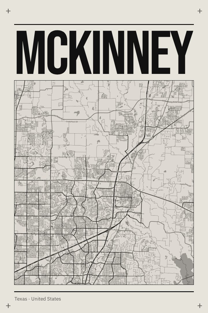 McKinney map poster, Brutalist style