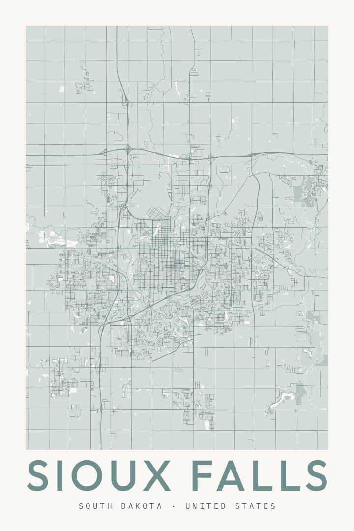Sioux Falls city map poster for South Dakota