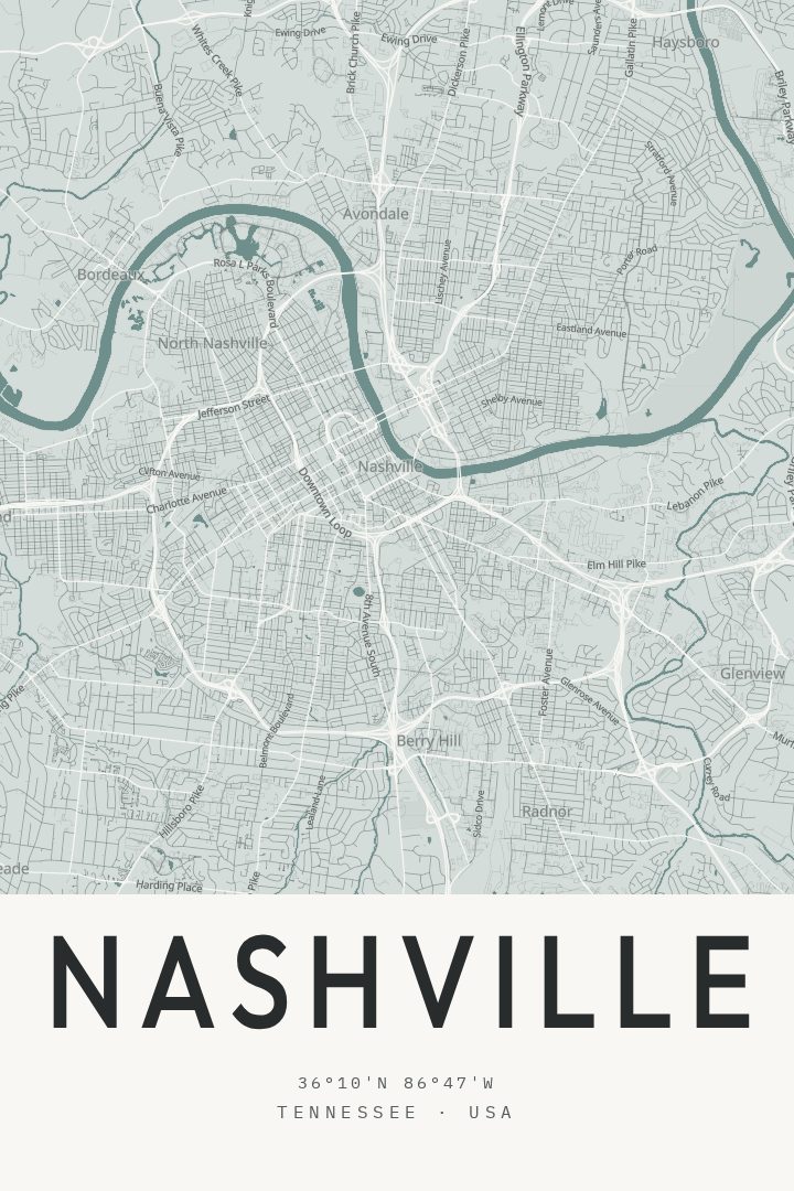 Nashville route map poster for Tennessee