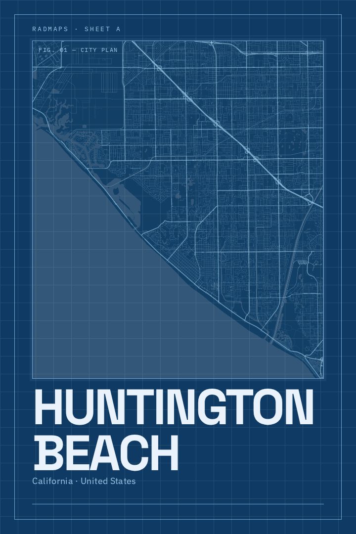 Huntington Beach map poster, Blueprint style