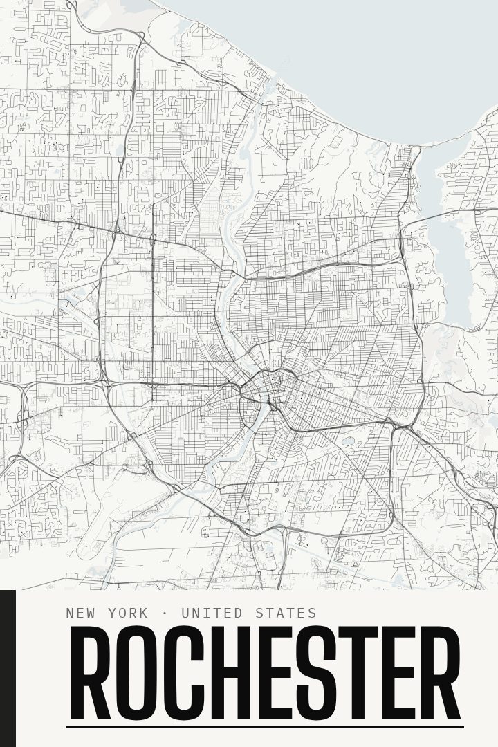 Rochester map poster, Blackline style