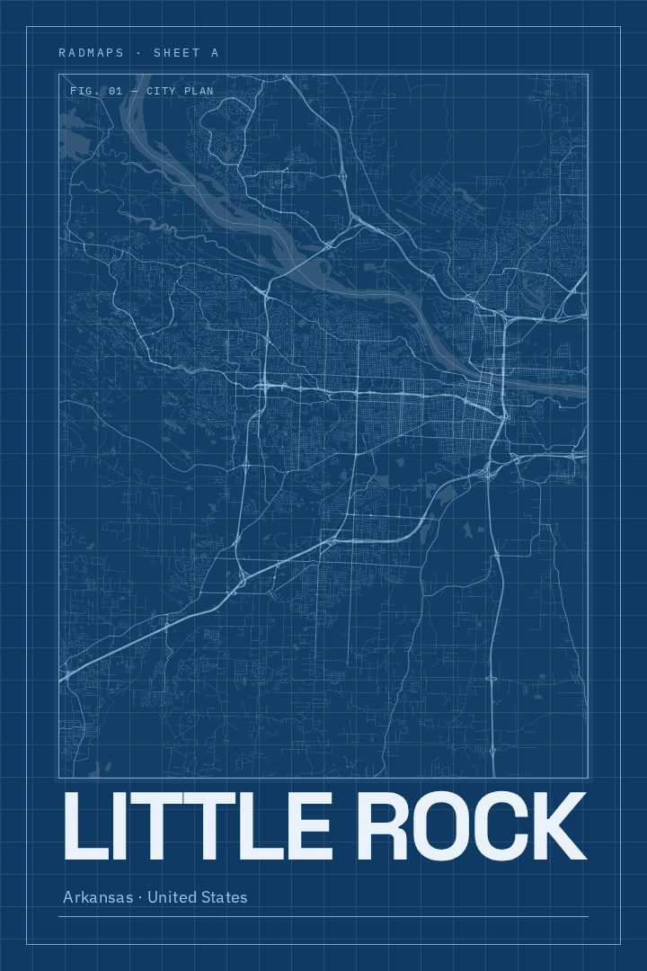 Little Rock map poster, Blueprint style