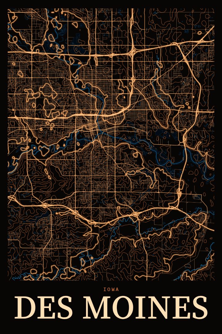 Des Moines map poster, Neon Night style
