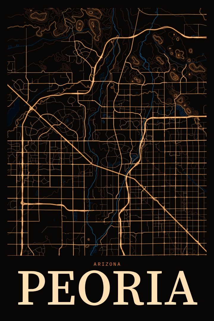 Peoria map poster, Neon Night style