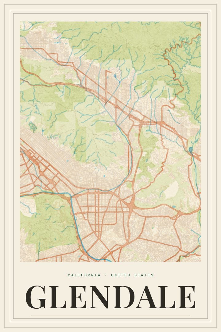 Glendale map poster, Painted Survey style