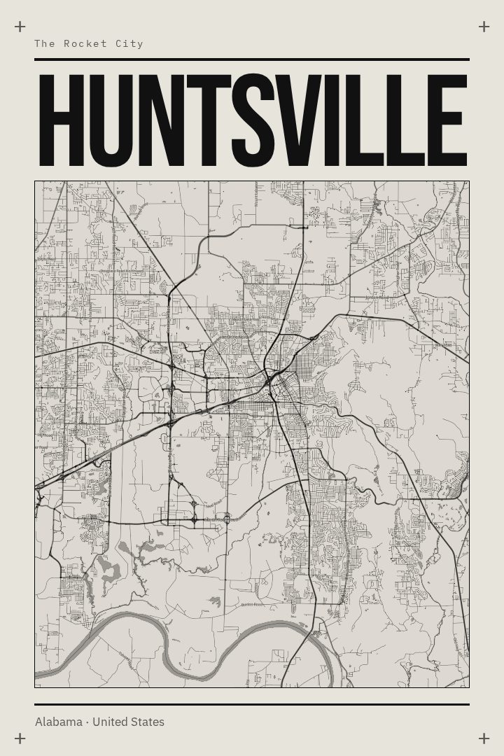 Huntsville map poster, Brutalist style