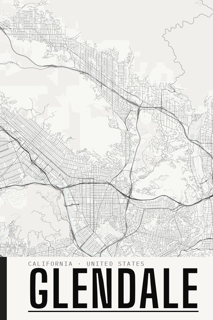 Glendale map poster, Blackline style