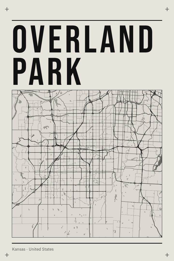 Overland Park map poster, Brutalist style