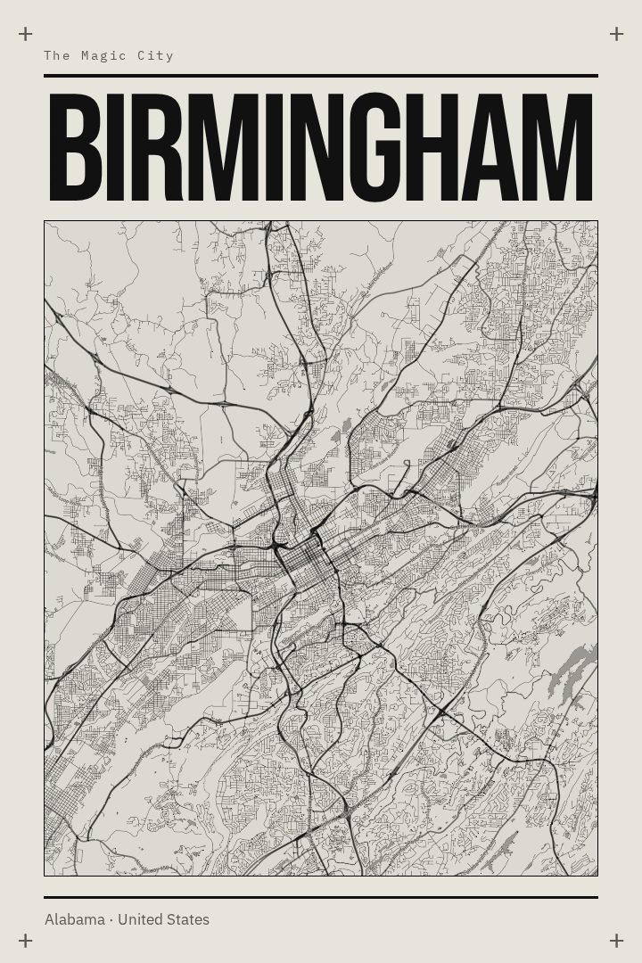 Birmingham map poster, Brutalist style