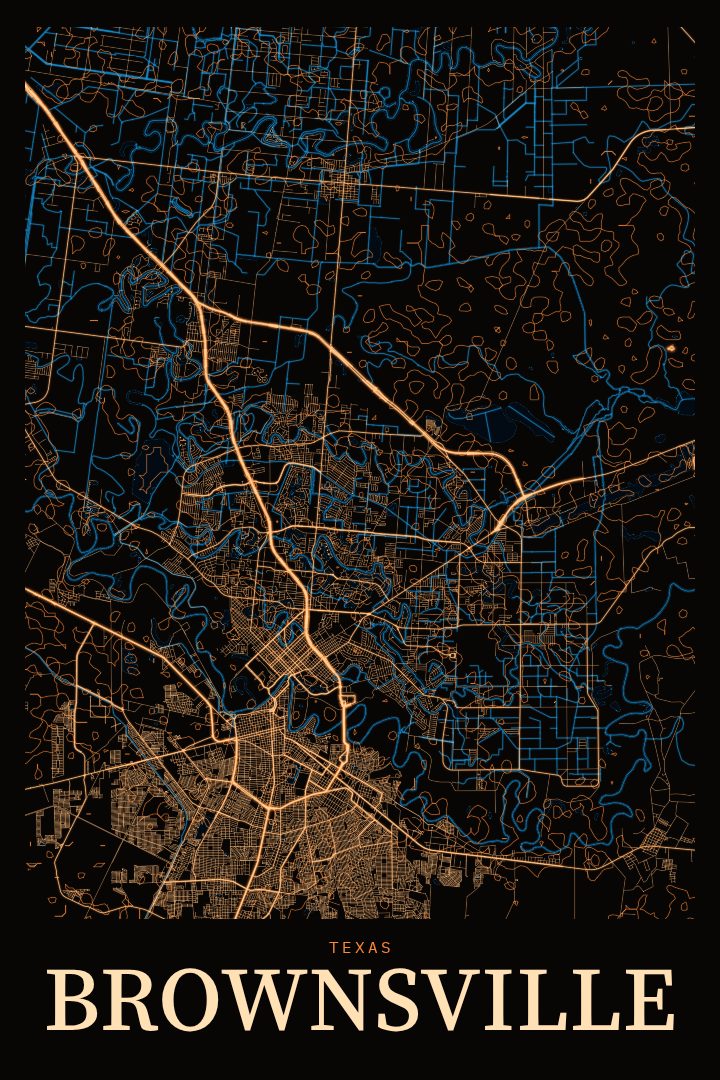 Brownsville map poster, Neon Night style