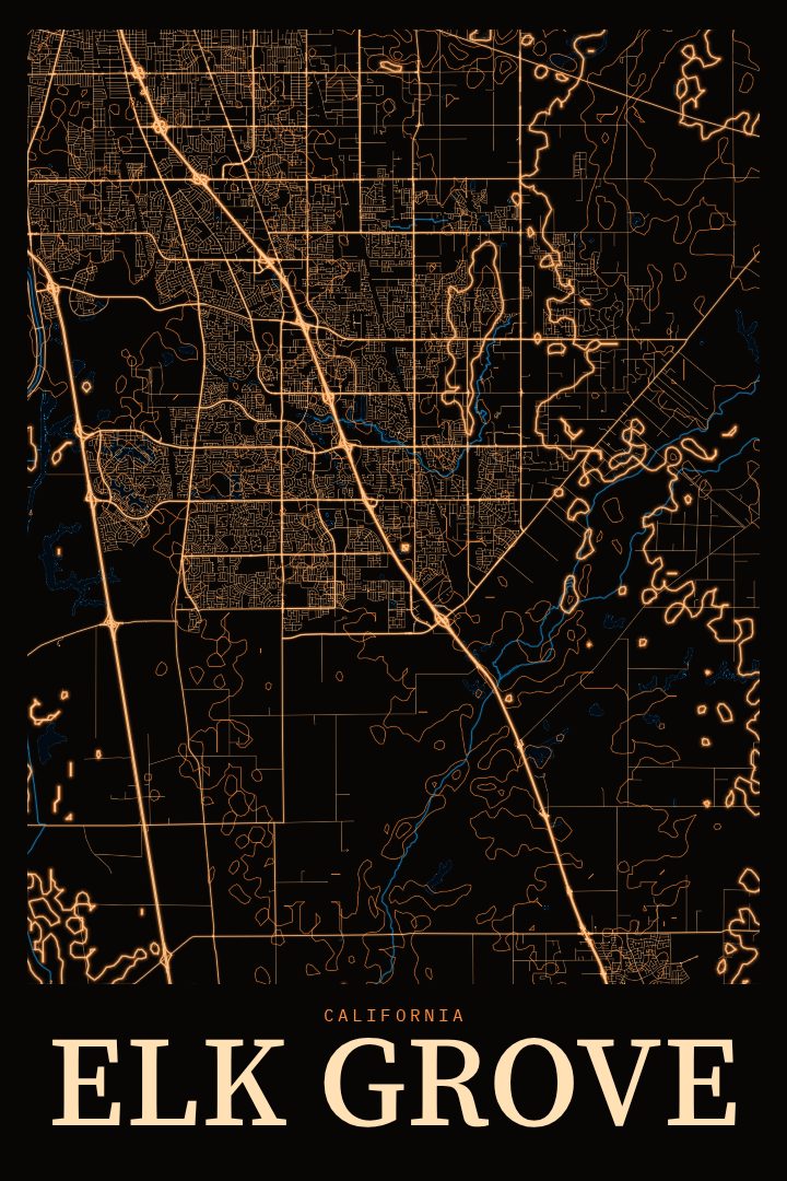 Elk Grove map poster, Neon Night style